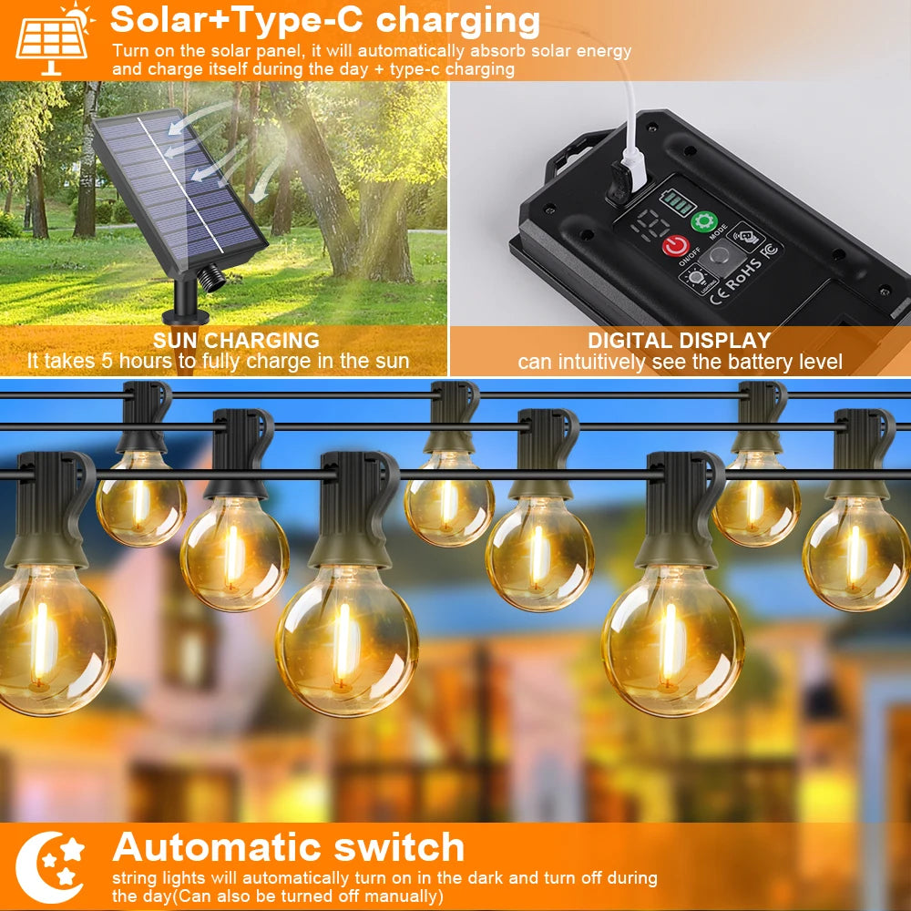 Guirnalda Solar G40 LED para Jardín, Terraza y Café Resistente al Agua