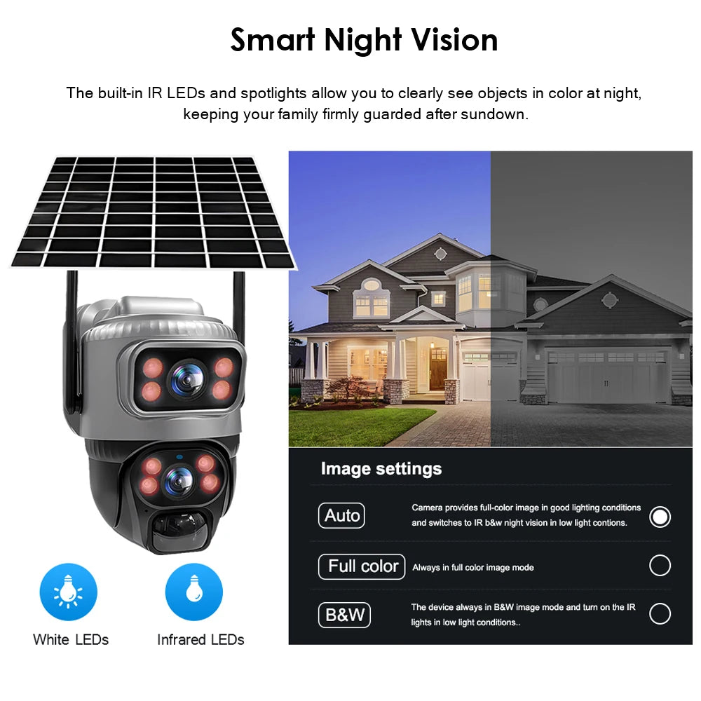 Cámara Solar V380 8MP 4K 4G/WiFi Doble Lente con Detección PIR y Visión Nocturna