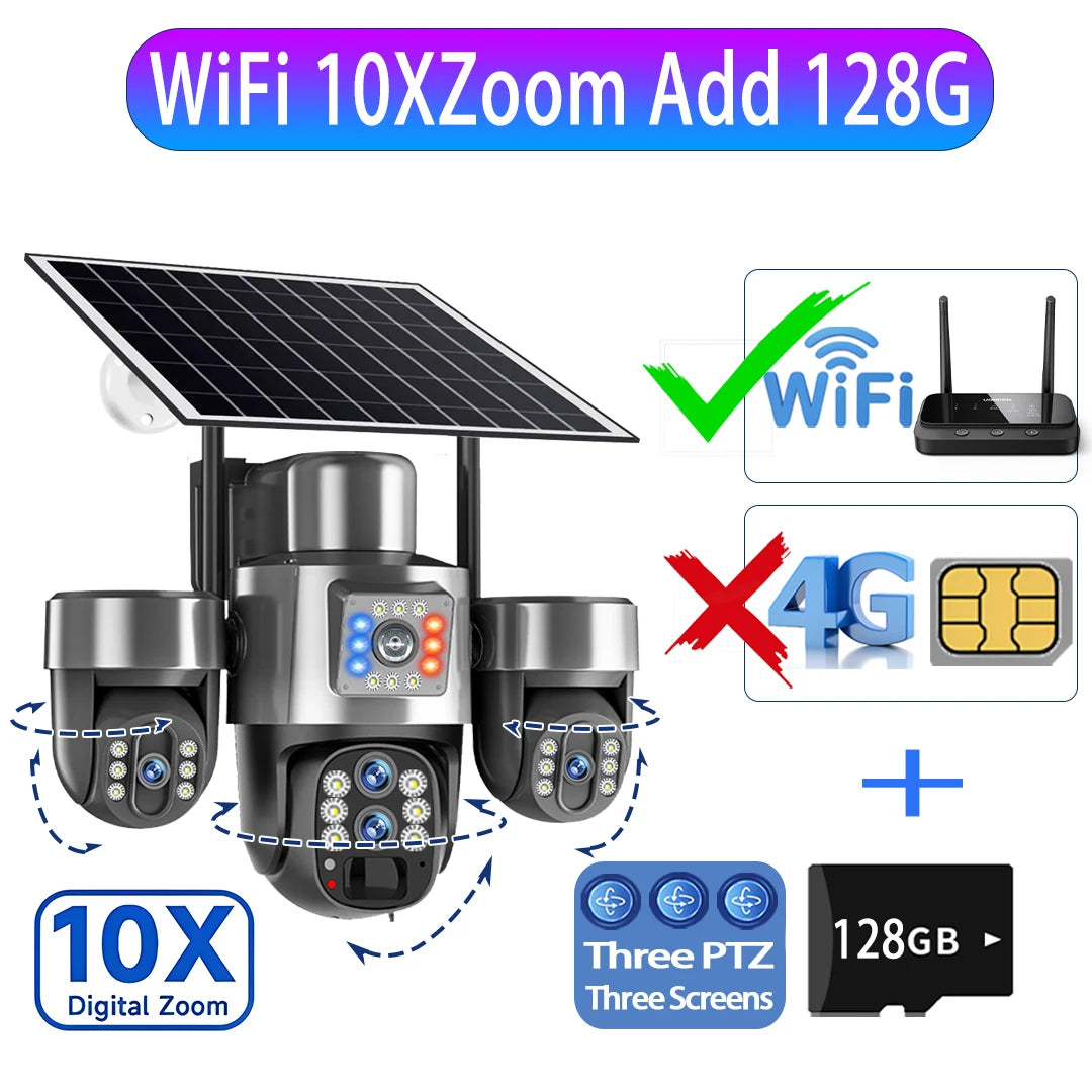 Cámara Solar 20MP 4G/WiFi Triple PTZ 4 Lentes 3 Pantallas Zoom Óptico 10X con Seguimiento