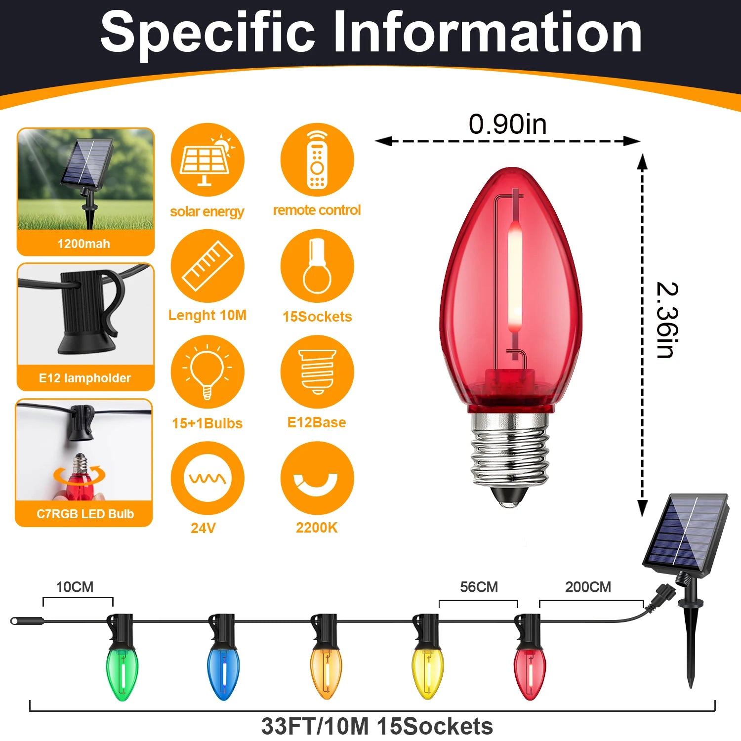 Luces Navideñas Solares C7 Multicolor con Control Remoto 8 Modos IP44