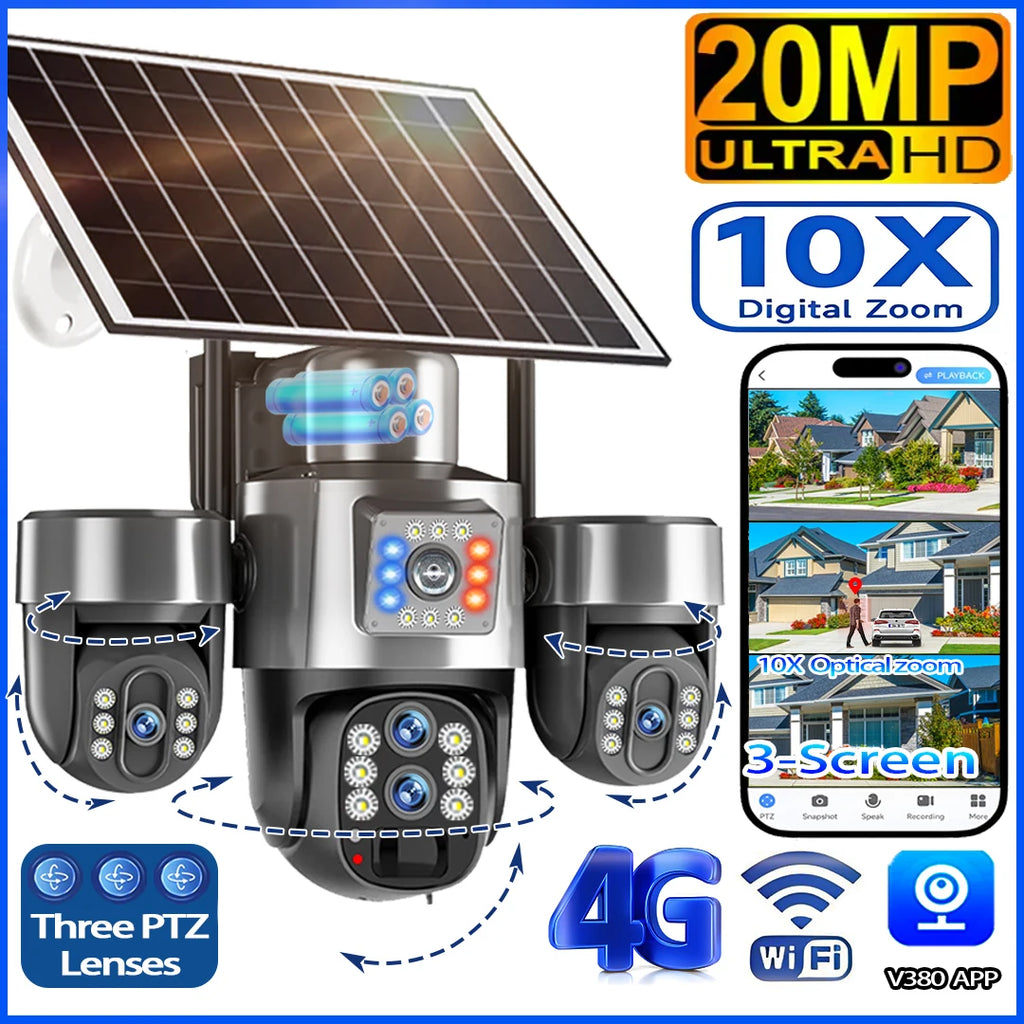 Cámara Solar 20MP 4G/WiFi Triple PTZ 4 Lentes 3 Pantallas Zoom Óptico 10X con Seguimiento