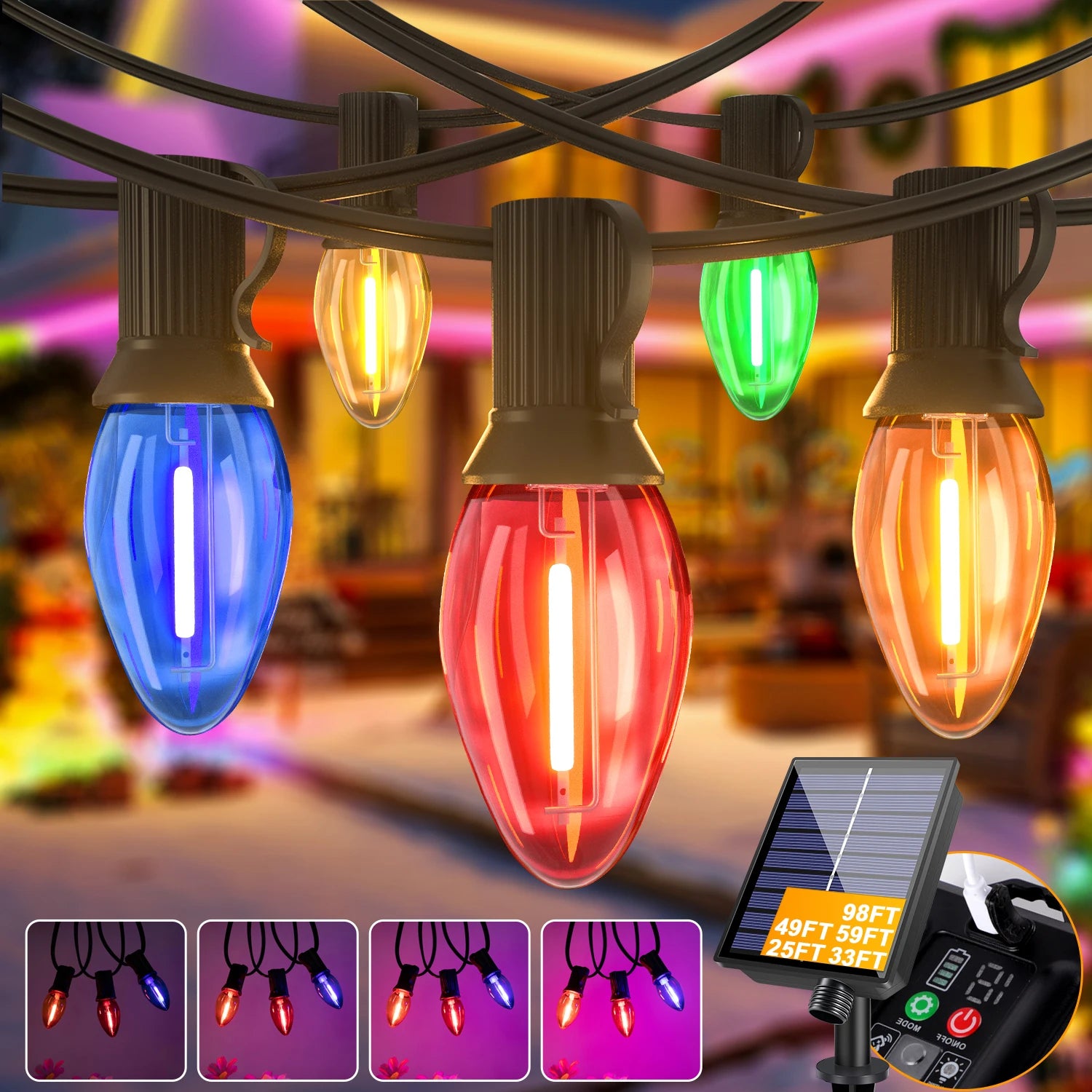 Luces Navideñas Solares C7 Multicolor con Control Remoto 8 Modos IP44
