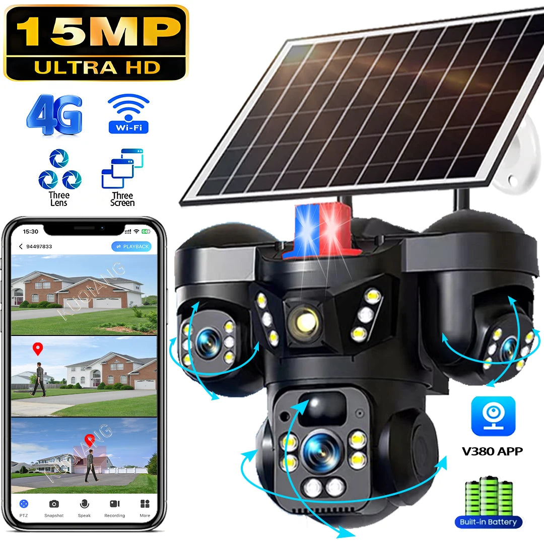 Cámara Solar V380 15MP 4G/WiFi Triple Lente y Triple Pantalla con Zoom 10X