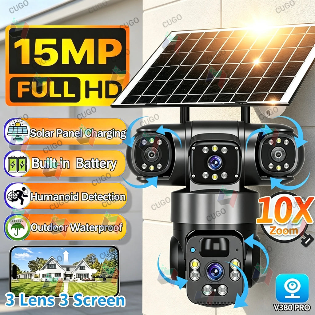 Cámara Solar PTZ 15MP con Zoom 10X y Triple Lente para Exterior