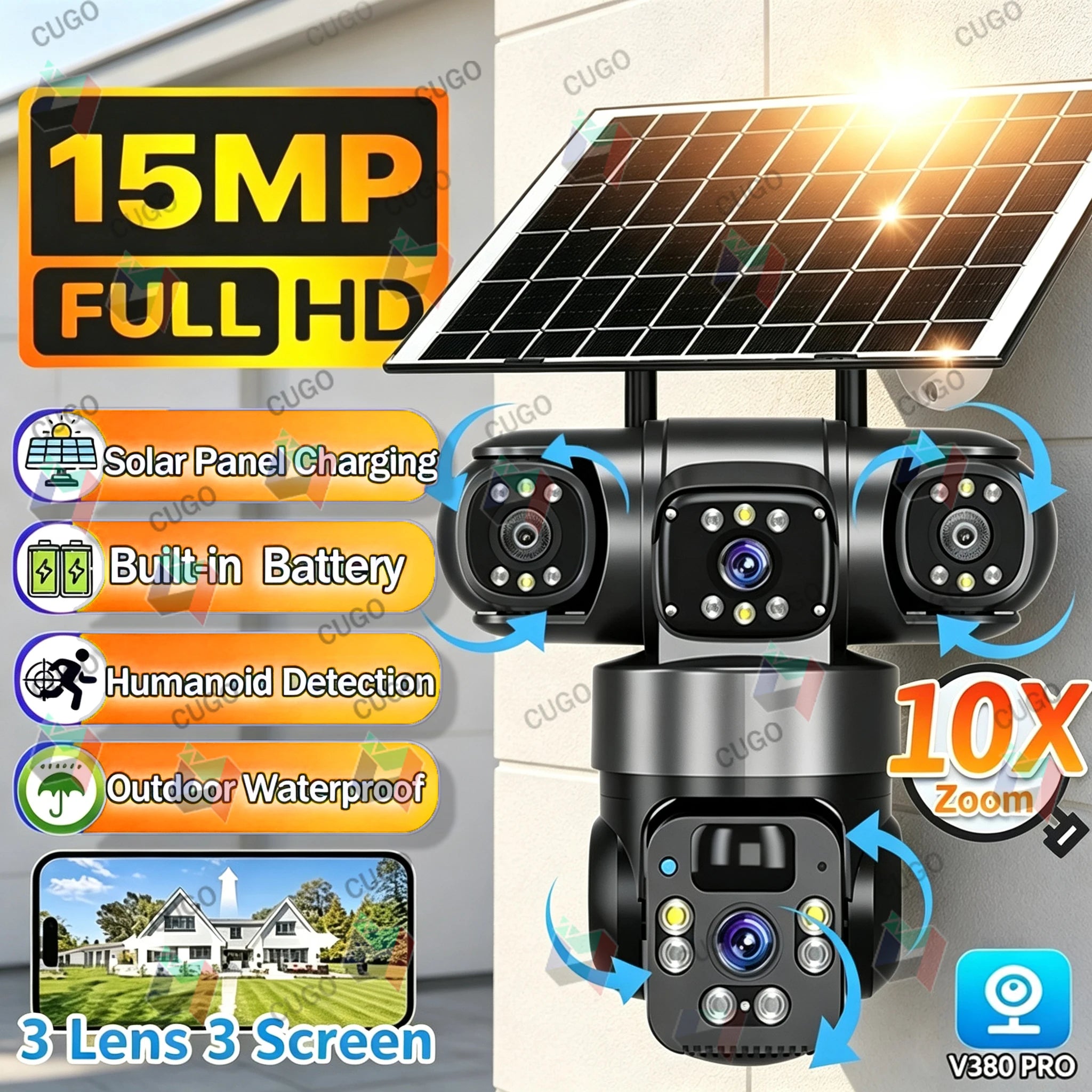 Cámara Solar PTZ 15MP con Zoom 10X y Triple Lente para Exterior