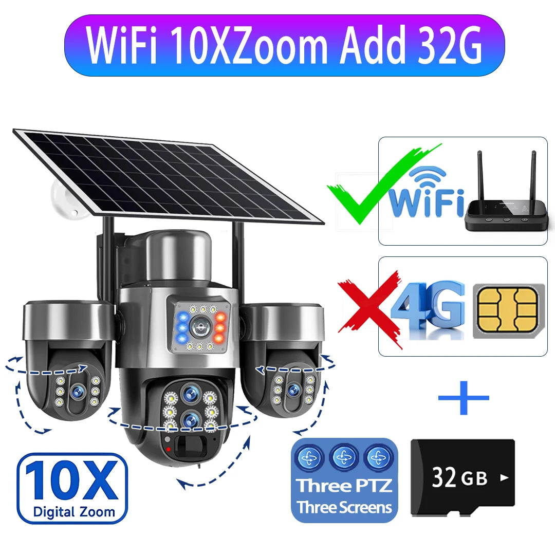Cámara Solar 20MP 4G/WiFi Triple PTZ 4 Lentes 3 Pantallas Zoom Óptico 10X con Seguimiento