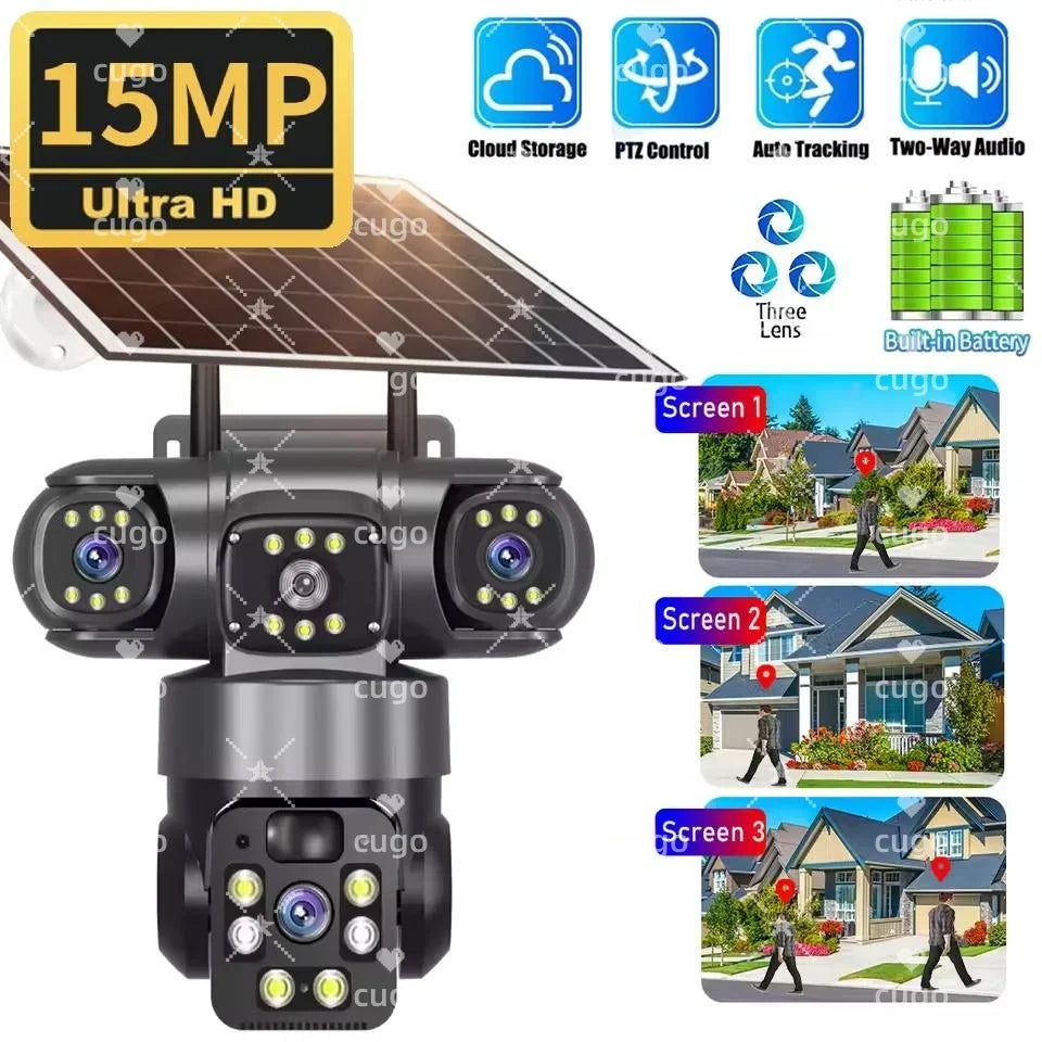 Cámara IP Solar 15MP 8K WiFi Triple Lente con Visión Nocturna y Panel Solar