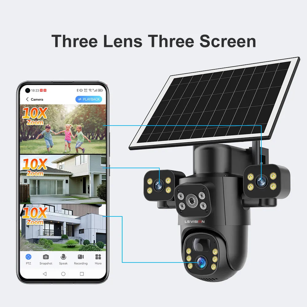Cámara Solar LS VISION 15MP 4K Triple Lente 4G/WiFi con Zoom 10X y 12X