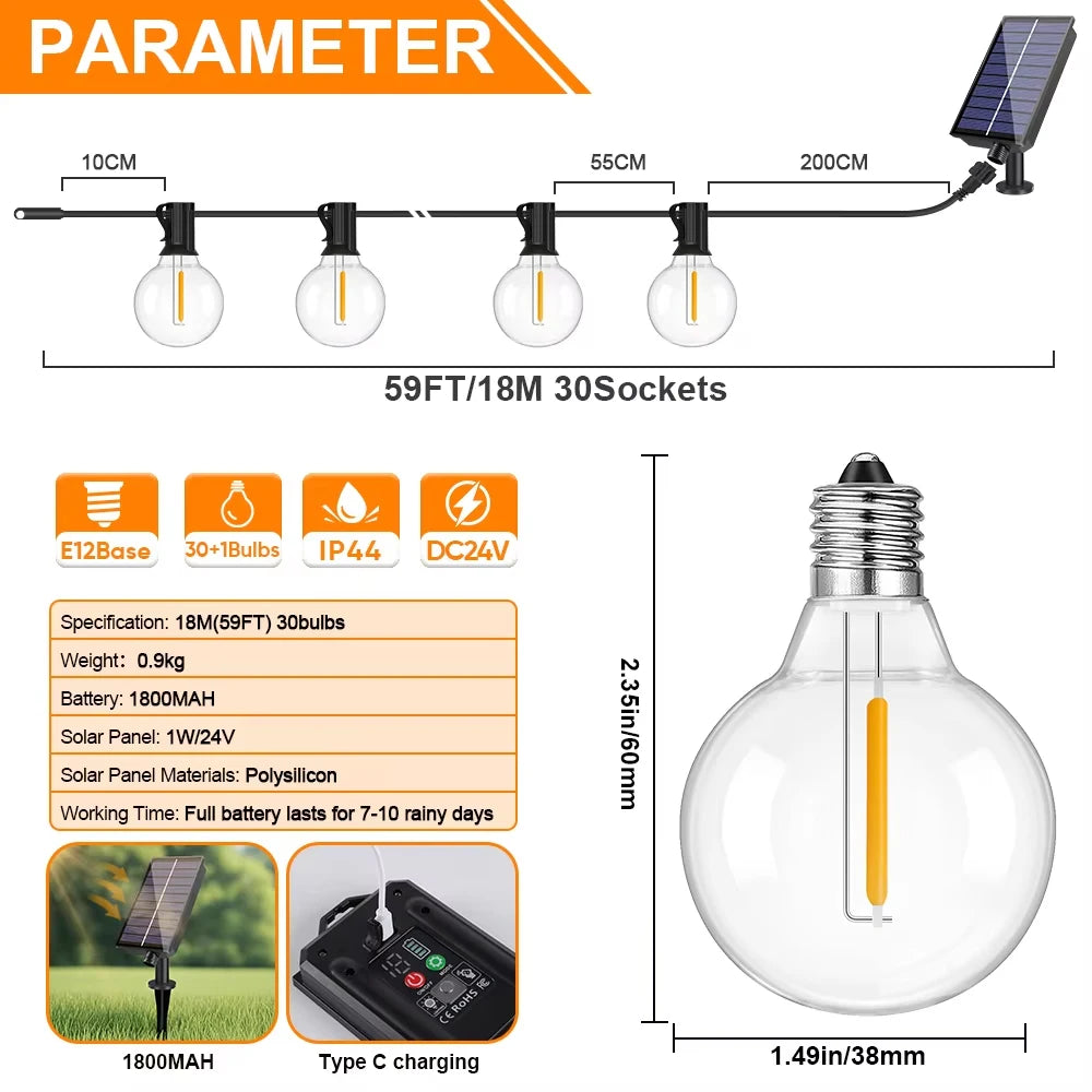 Guirnalda Solar G40 LED para Jardín, Terraza y Café Resistente al Agua