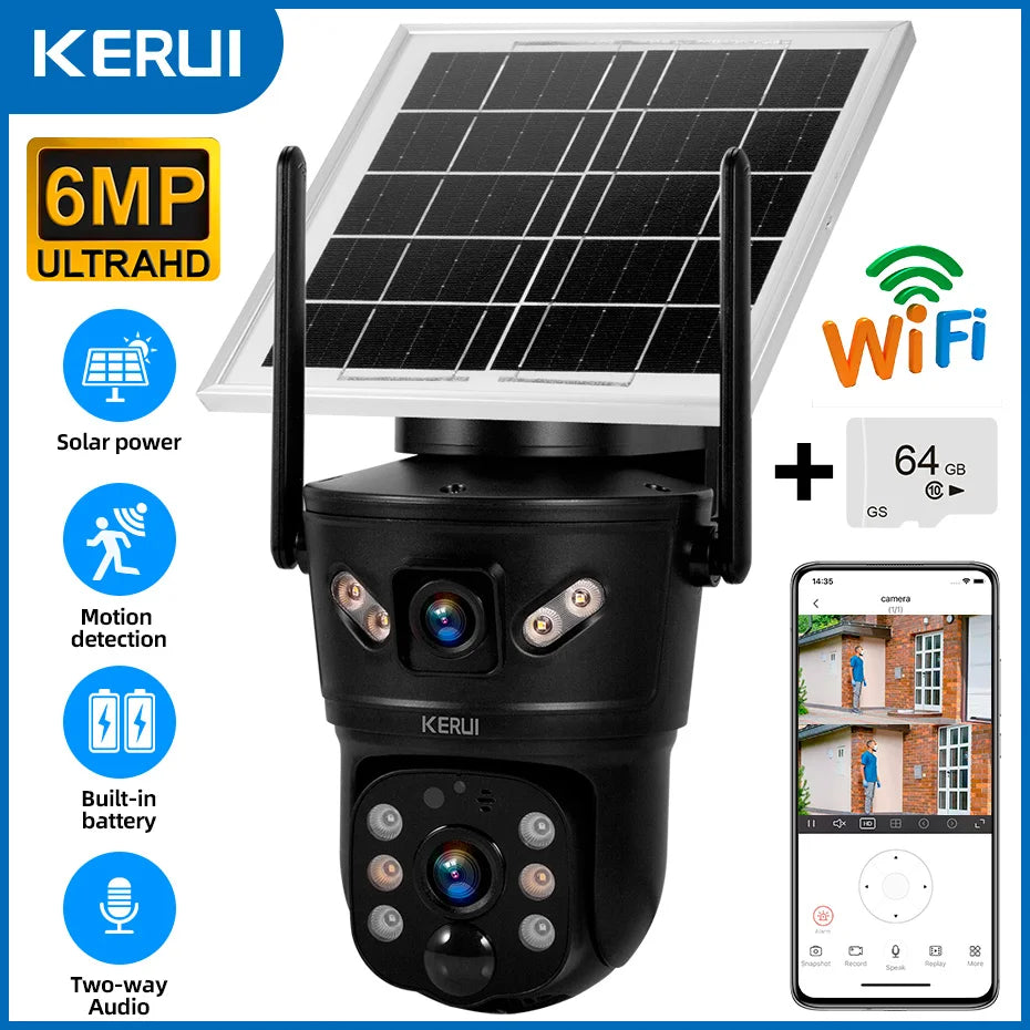 Cámara de Seguridad Solar KERUI 6MP 4G SIM WiFi Doble Lente con Panel Solar
