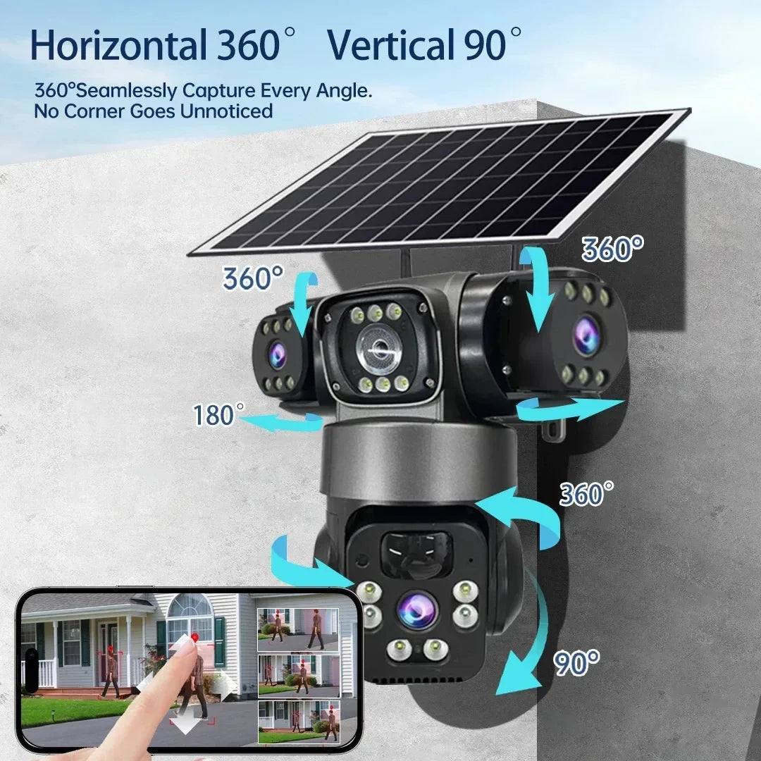 Cámara IP Solar 15MP 8K WiFi Triple Lente con Visión Nocturna y Panel Solar