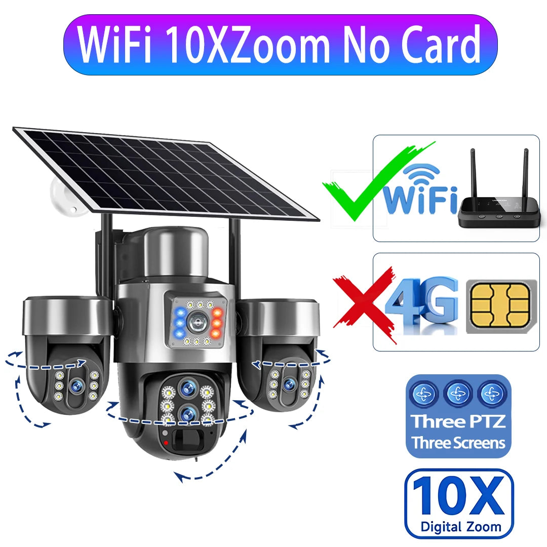 Cámara Solar 20MP 4G/WiFi Triple PTZ 4 Lentes 3 Pantallas Zoom Óptico 10X con Seguimiento