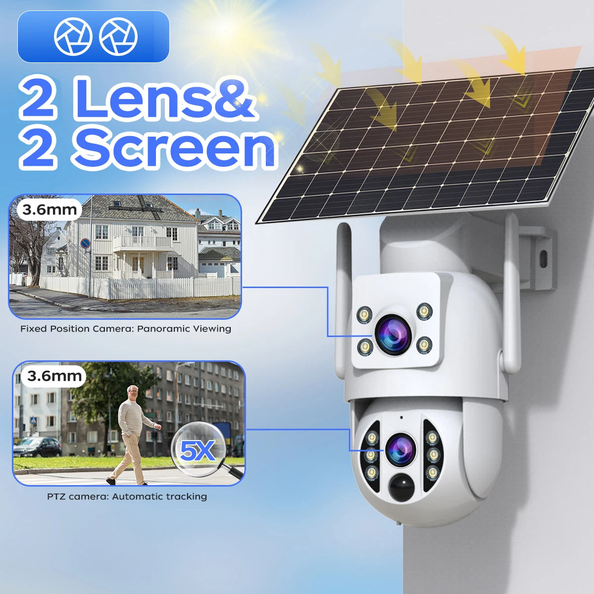 Cámara Solar JOOAN 4K Doble Lente con Detección PIR y Batería