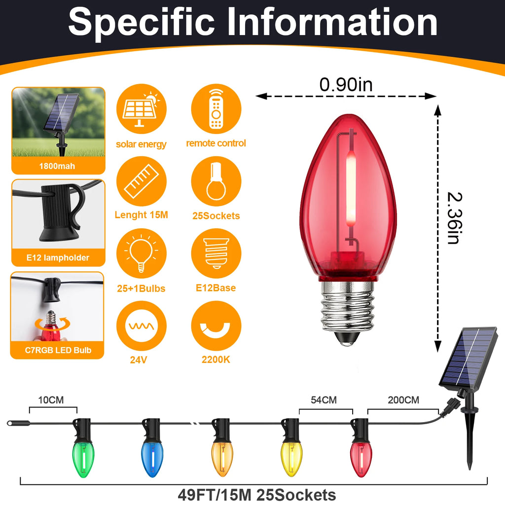 Luces Navideñas Solares C7 Multicolor con Control Remoto 8 Modos IP44