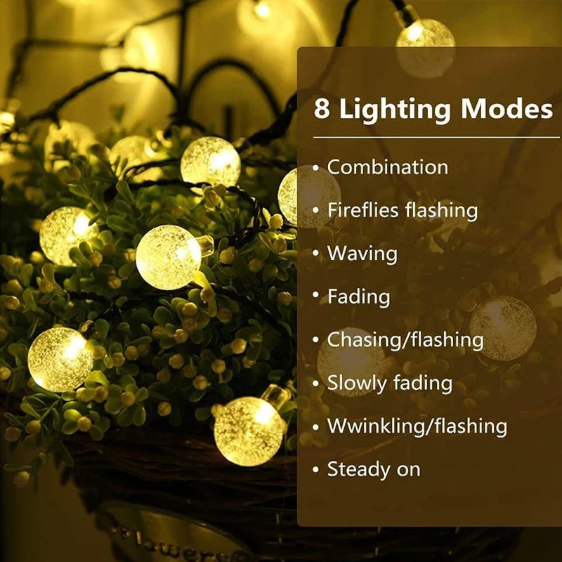 Luces Solares Bolas de Cristal Globo 8 Modos IP65 Guirnalda Navideña para Jardín y Fiestas