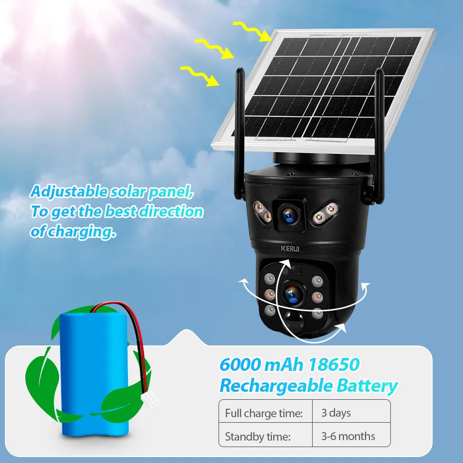 Cámara de Seguridad Solar KERUI 6MP 4G SIM WiFi Doble Lente con Panel Solar