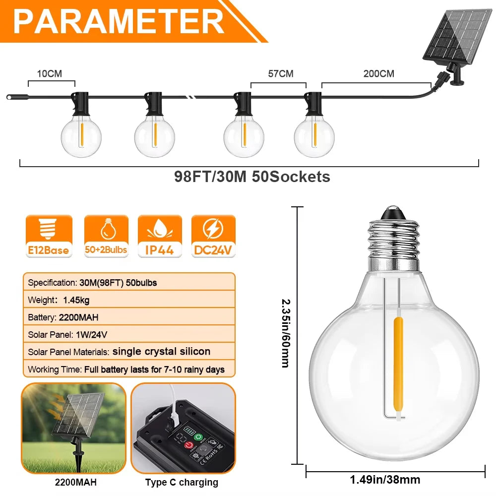 Guirnalda Solar G40 LED para Jardín, Terraza y Café Resistente al Agua