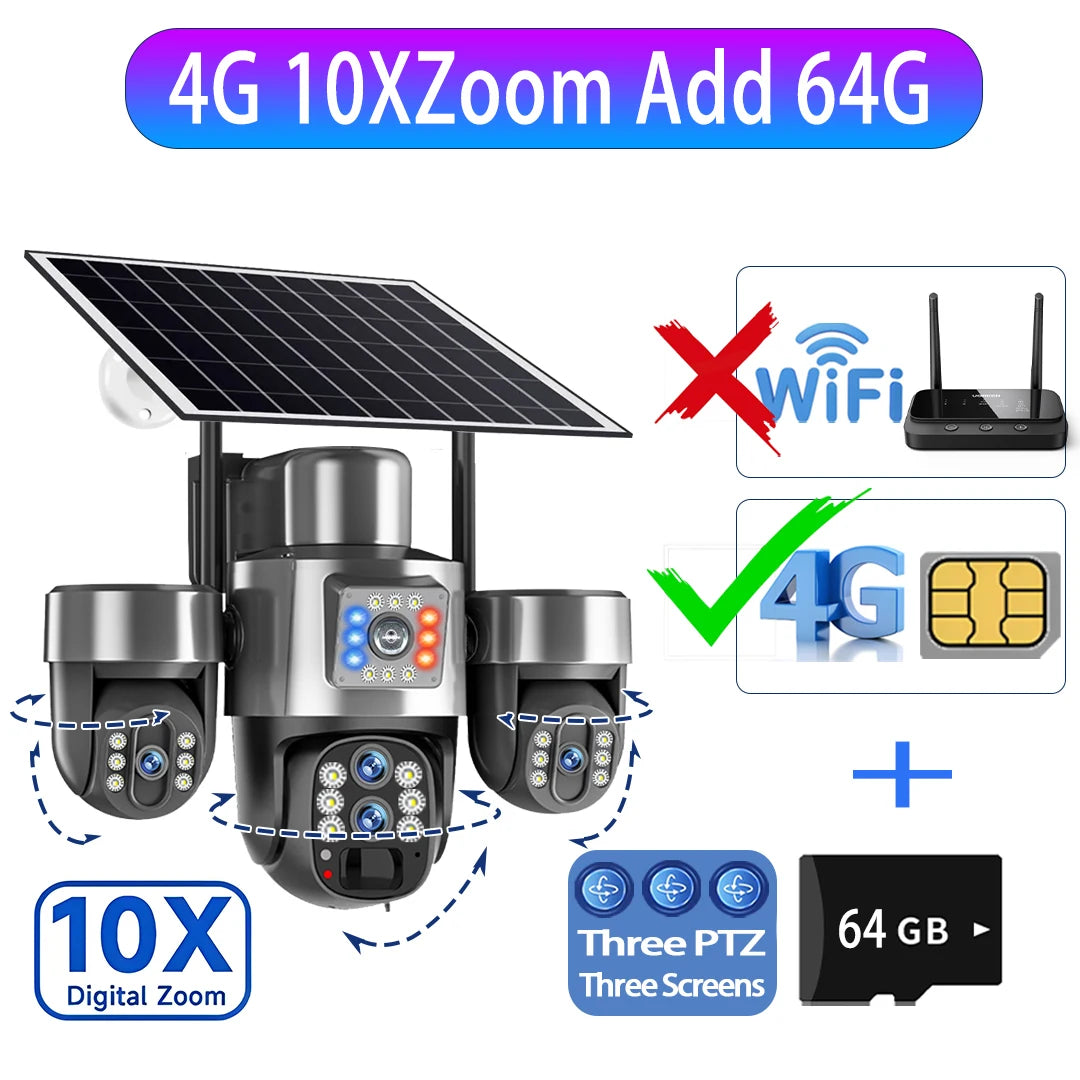 Cámara Solar 20MP 4G/WiFi Triple PTZ 4 Lentes 3 Pantallas Zoom Óptico 10X con Seguimiento