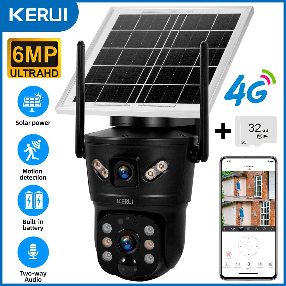 Cámara de Seguridad Solar KERUI 6MP 4G SIM WiFi Doble Lente con Panel Solar