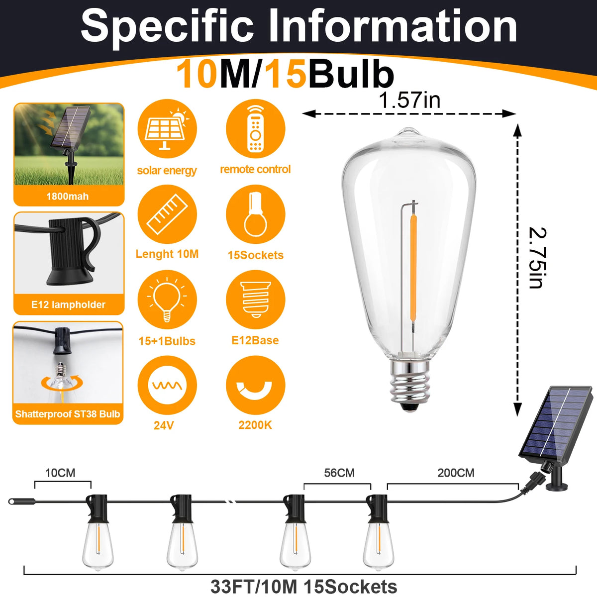 Luces Solares G40 LED para Patio con Control Remoto y 8 Modos