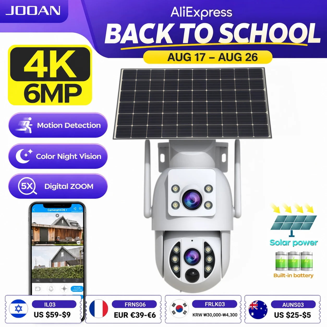 Cámara Solar JOOAN 4K Doble Lente con Detección PIR y Batería