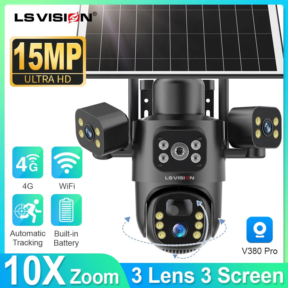 Cámara Solar LS VISION 15MP 4K Triple Lente 4G/WiFi con Zoom 10X y 12X