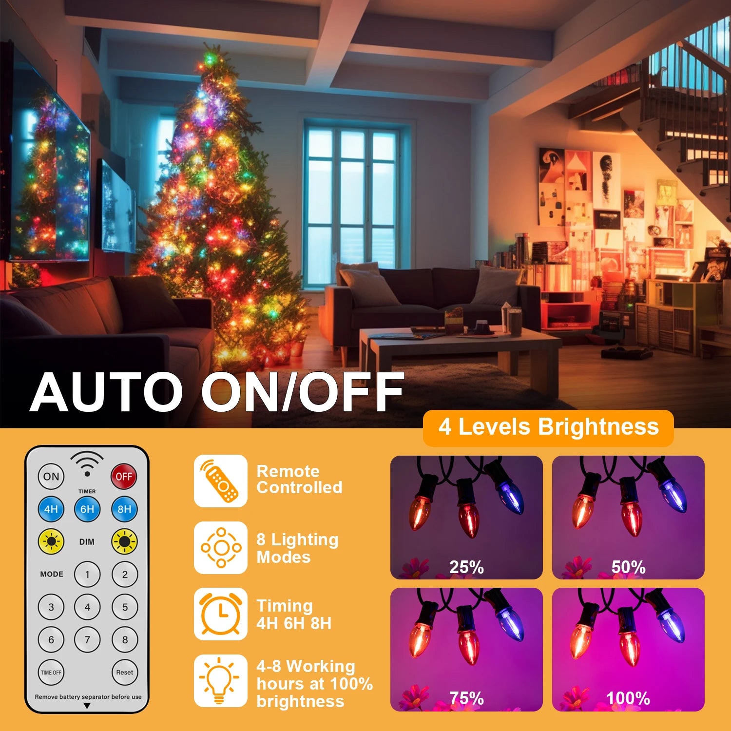 Luces Navideñas Solares C7 Multicolor con Control Remoto 8 Modos IP44