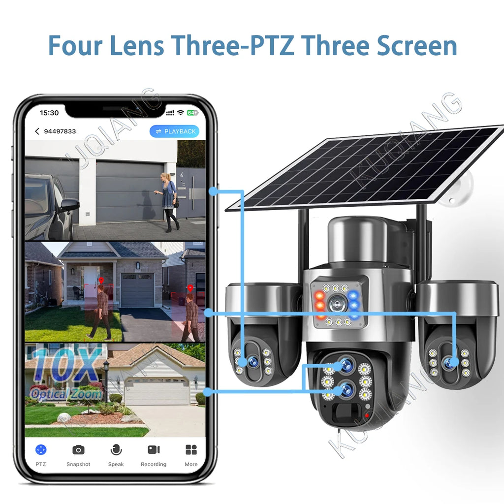 Cámara Solar 20MP 4G/WiFi Triple PTZ 4 Lentes 3 Pantallas Zoom Óptico 10X con Seguimiento