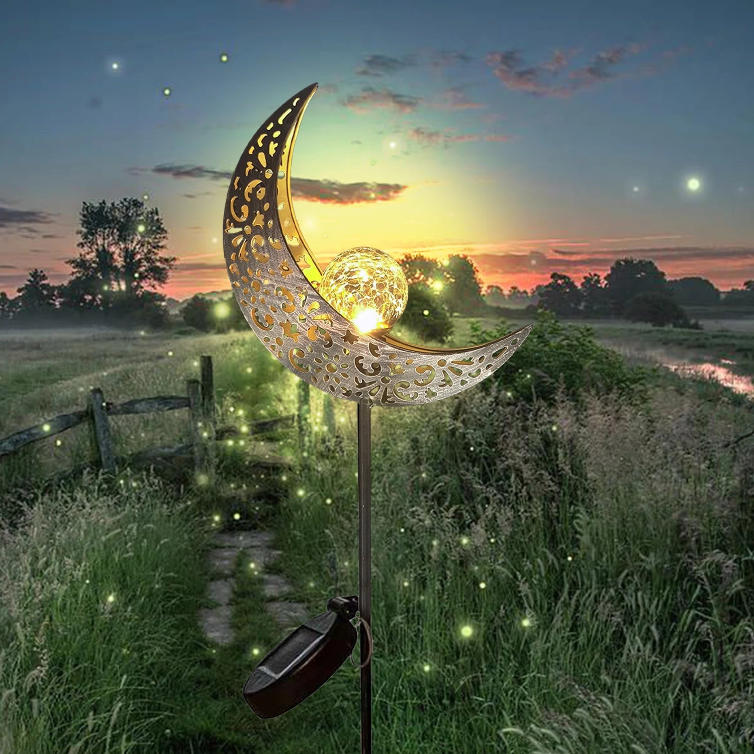 Luz Solar Decorativa Luna y Hadas con Vidrio Craquelado para Jardín