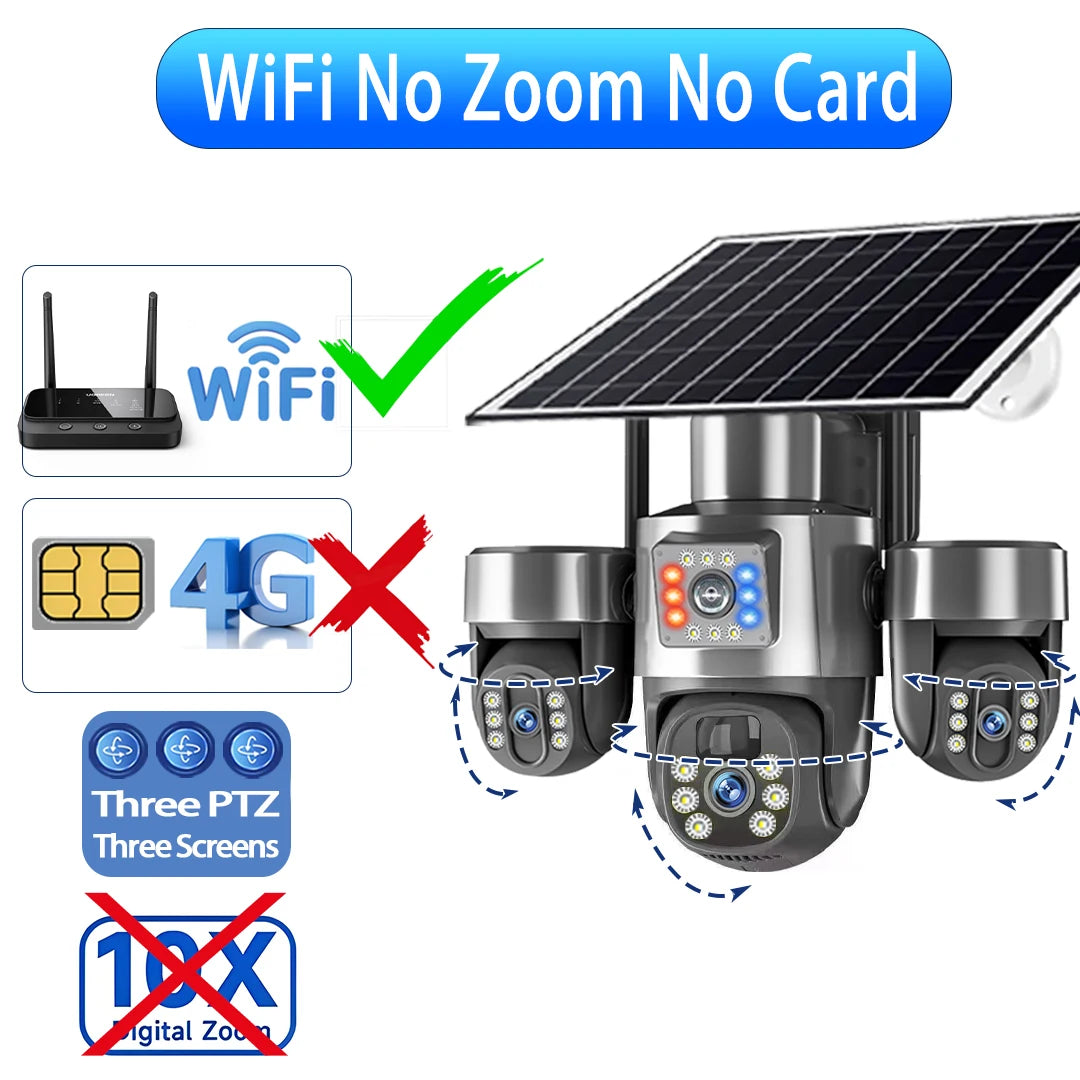 Cámara Solar 20MP 4G/WiFi Triple PTZ 4 Lentes 3 Pantallas Zoom Óptico 10X con Seguimiento