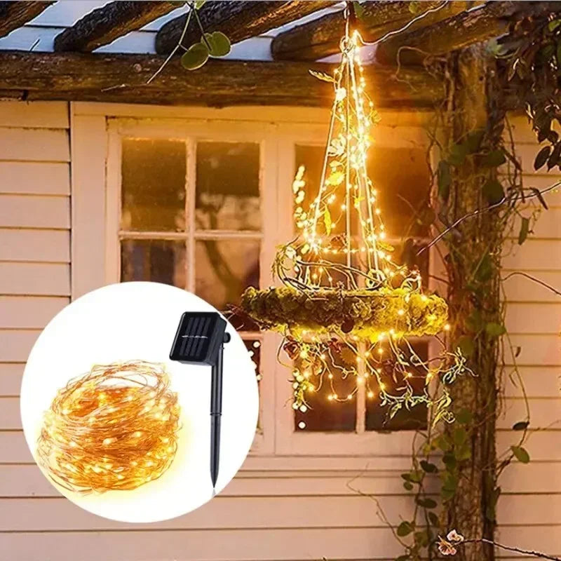 Luces Solares Hadas Hilo de Cobre Resistente al Agua Guirnalda Navideña para Jardín y Bodas 12m 100 LEDs