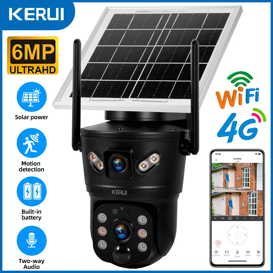 Cámara de Seguridad Solar KERUI 6MP 4G SIM WiFi Doble Lente con Panel Solar