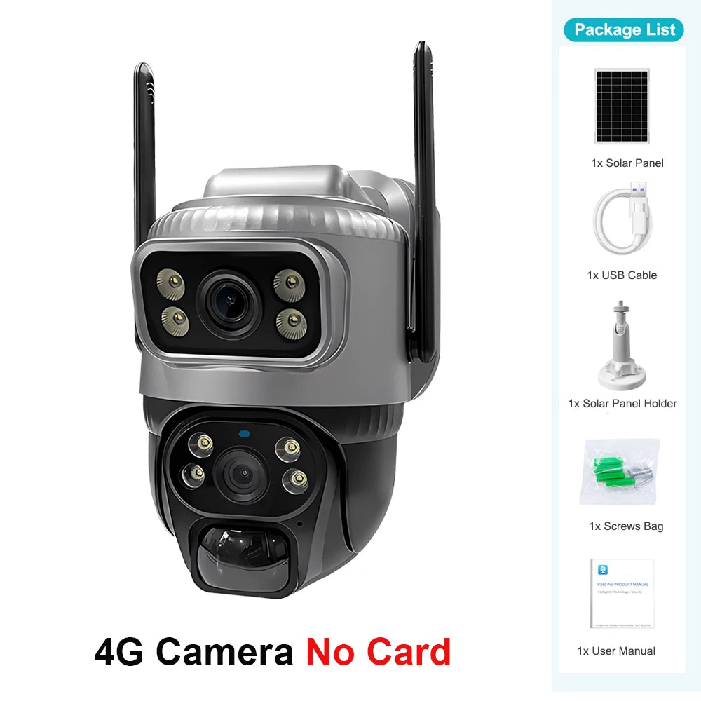 Cámara Solar V380 8MP 4K 4G/WiFi Doble Lente con Detección PIR y Visión Nocturna