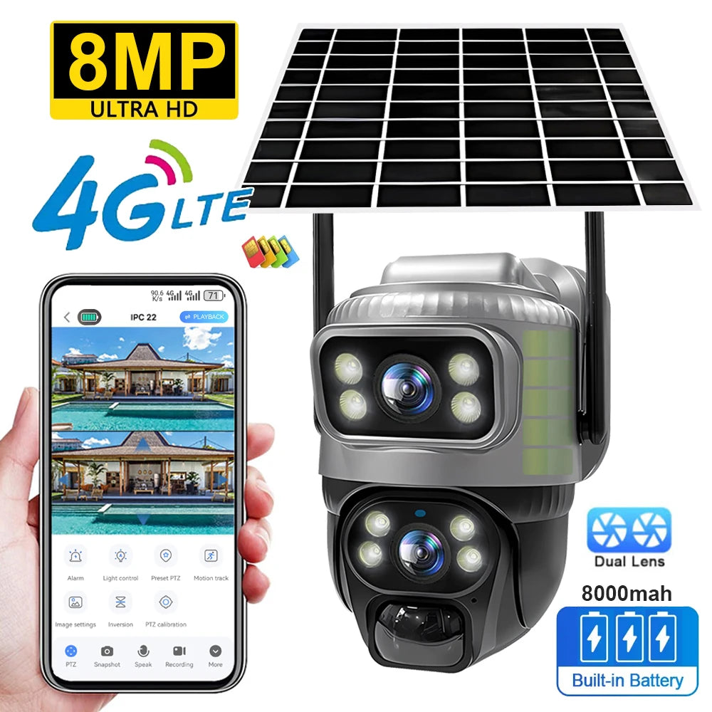 Cámara Solar V380 8MP 4K 4G/WiFi Doble Lente con Detección PIR y Visión Nocturna