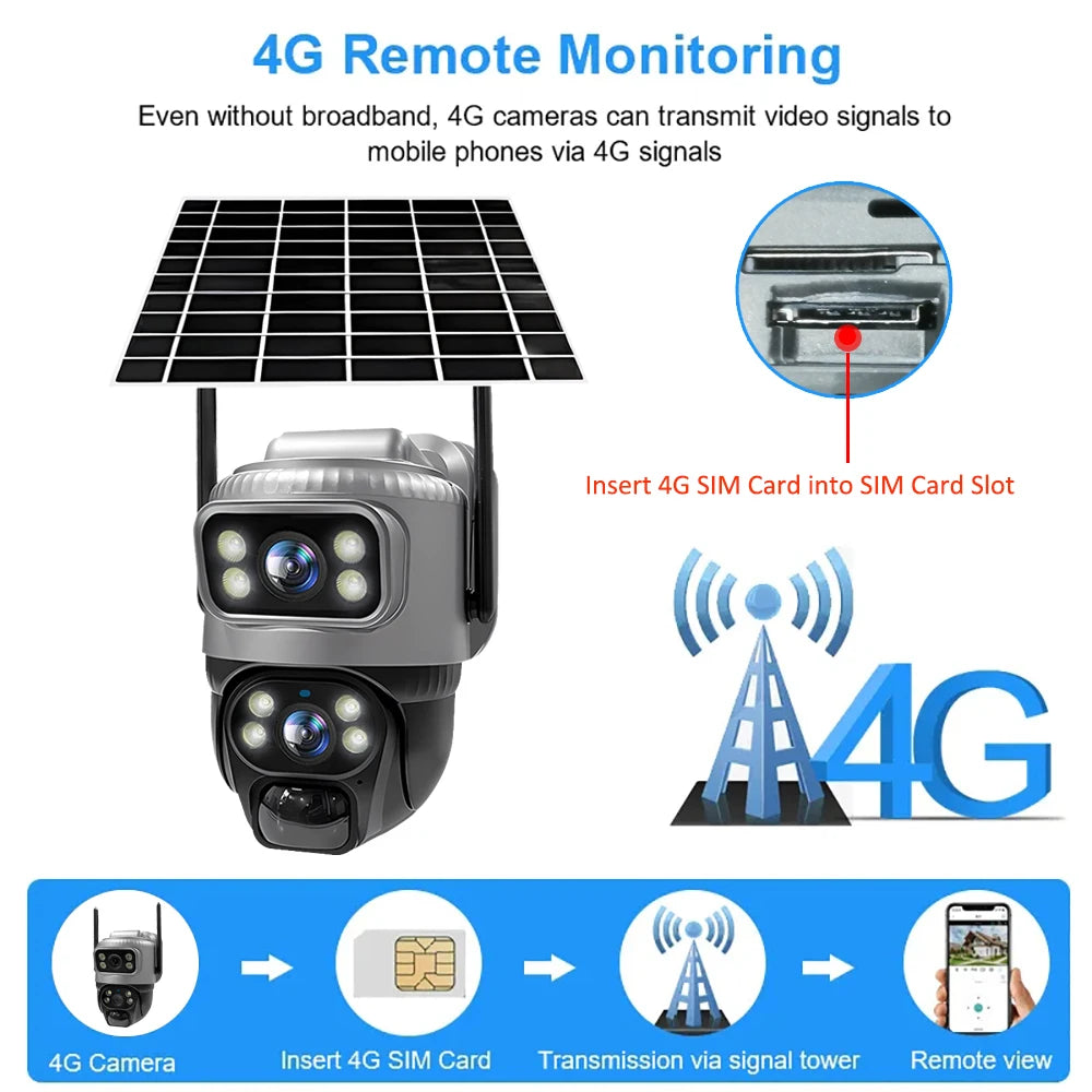 Cámara Solar V380 8MP 4K 4G/WiFi Doble Lente con Detección PIR y Visión Nocturna
