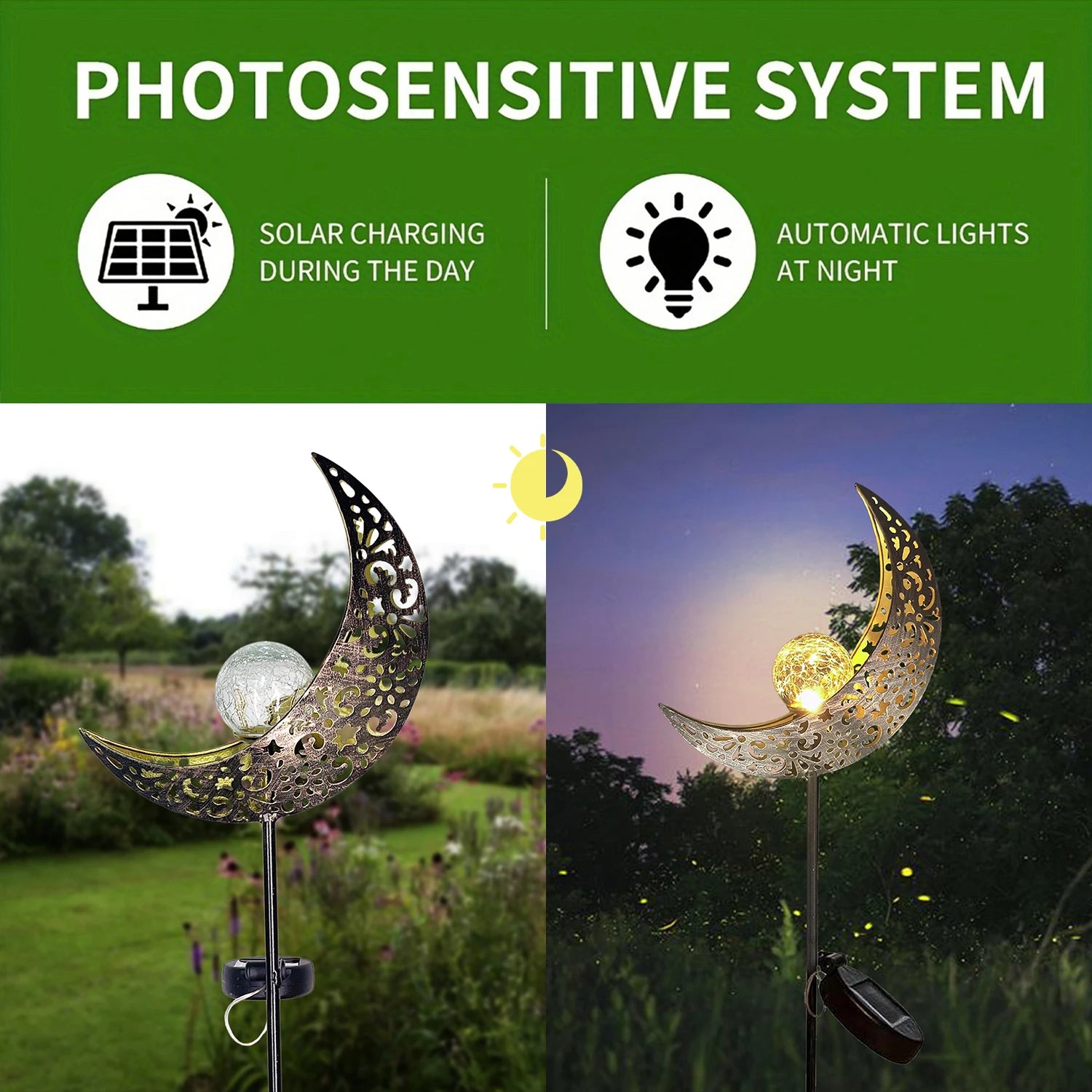 Luz Solar Decorativa Luna y Hadas con Vidrio Craquelado para Jardín