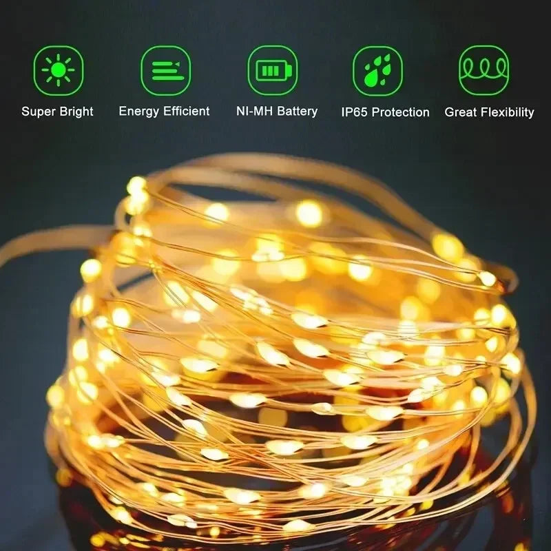 Luces Solares Hadas Hilo de Cobre Resistente al Agua Guirnalda Navideña para Jardín y Bodas 12m 100 LEDs