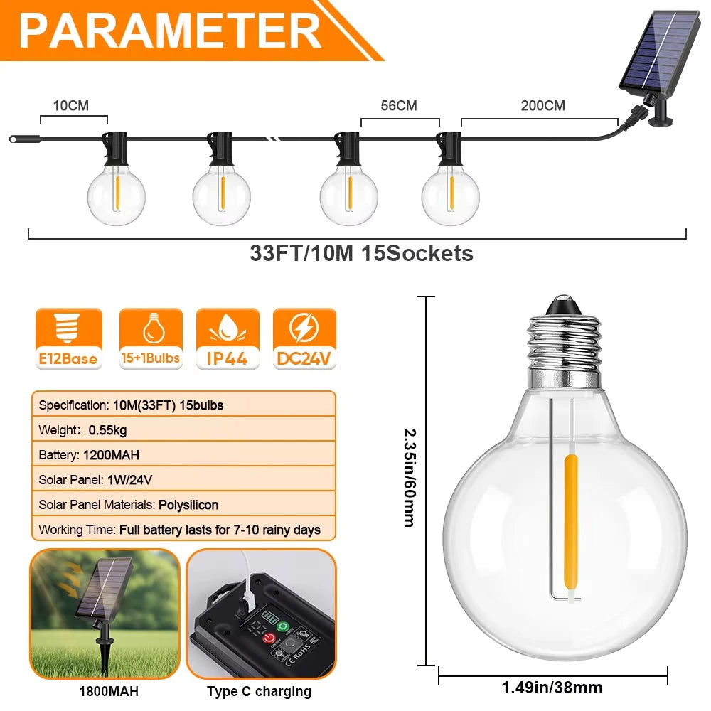 Guirnalda Solar G40 LED para Jardín, Terraza y Café Resistente al Agua