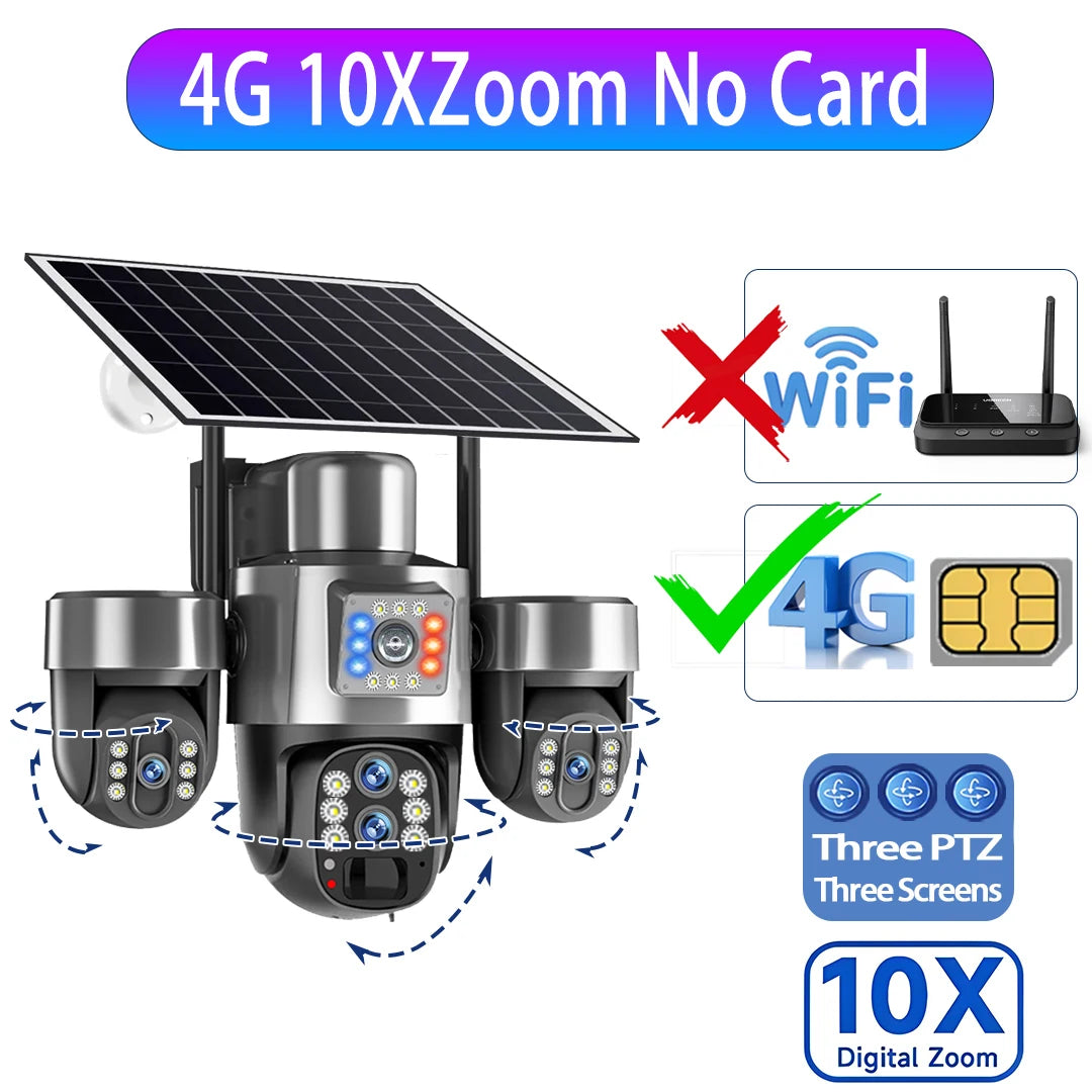 Cámara Solar 20MP 4G/WiFi Triple PTZ 4 Lentes 3 Pantallas Zoom Óptico 10X con Seguimiento