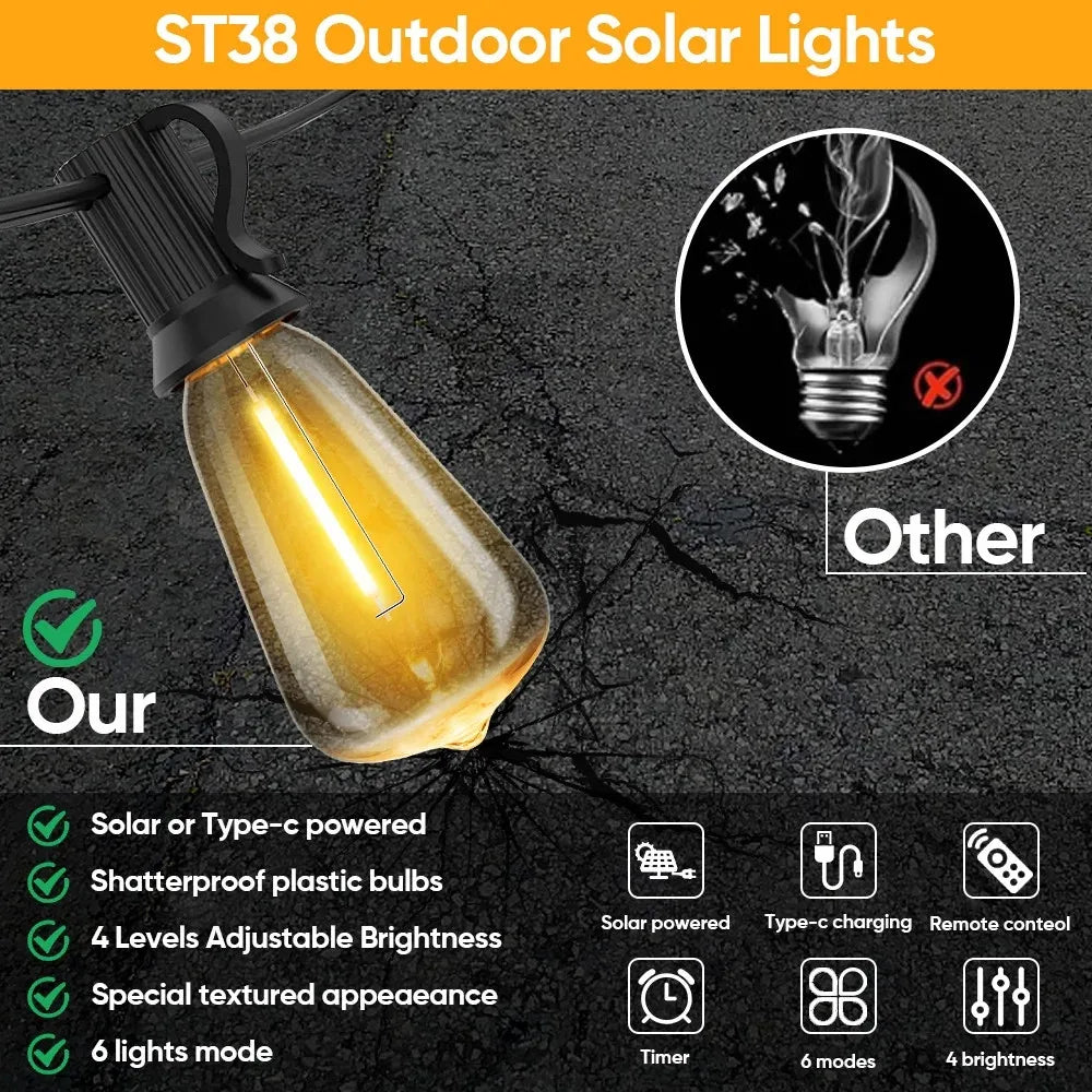 Luces Solares ST38 para Exterior Carga Solar y USB 6 Modos para Jardín y Bodas