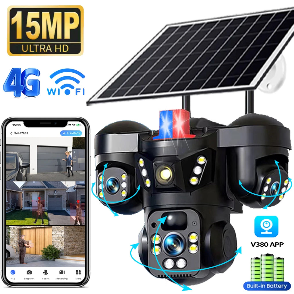 Cámara Solar 15MP 4G/WiFi Triple Lente y Triple Pantalla Zoom 10X V380 Pro