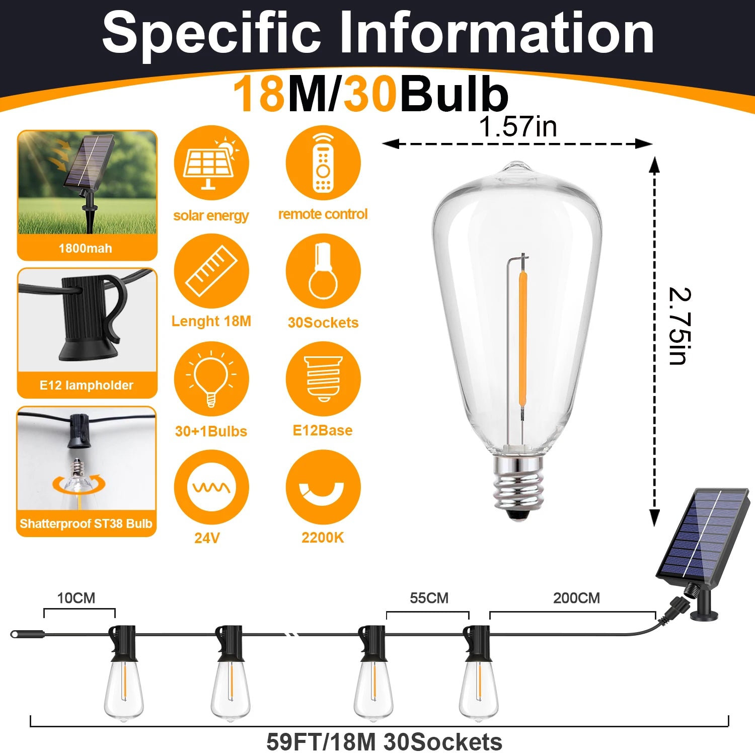 Luces Solares G40 LED para Patio con Control Remoto y 8 Modos