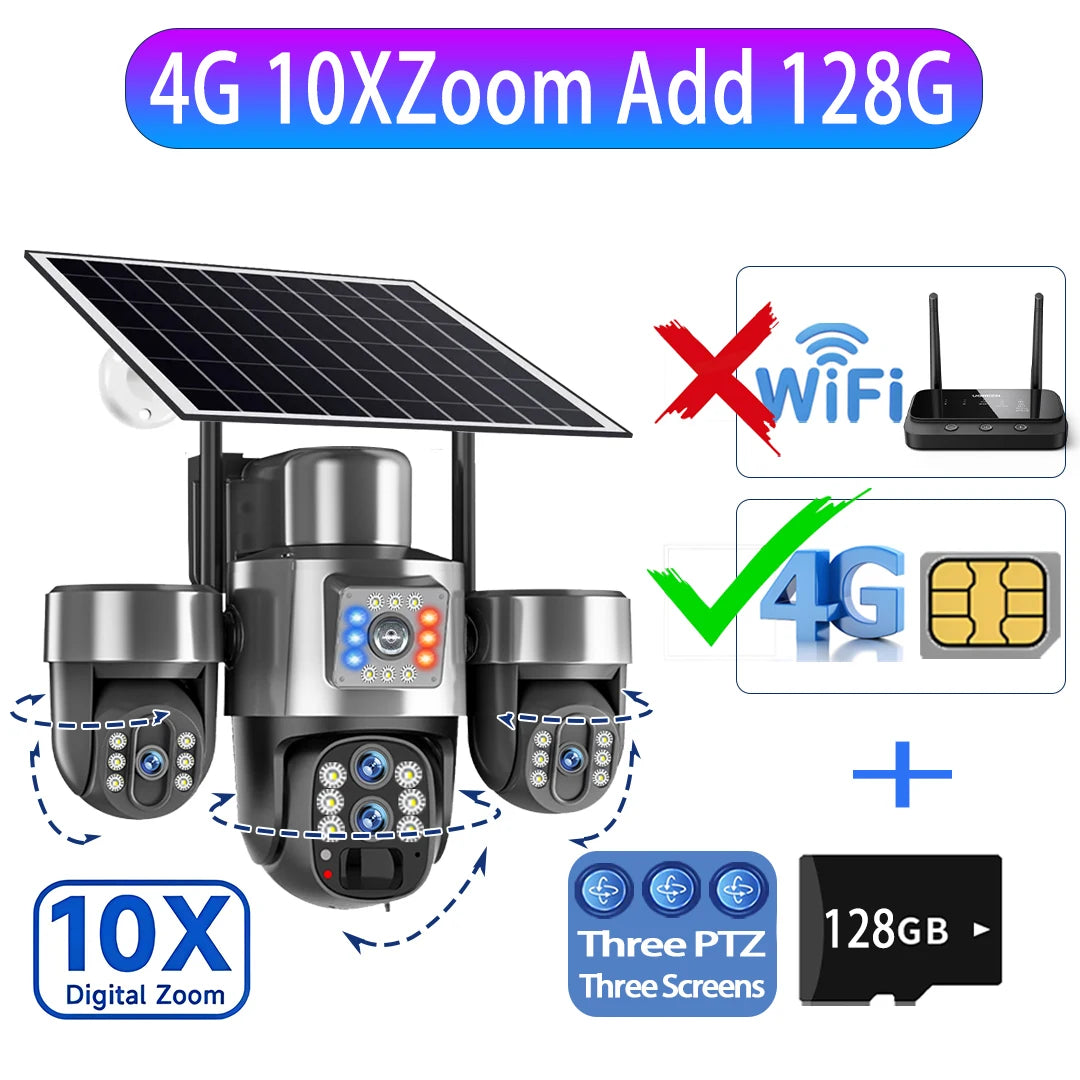 Cámara Solar 20MP 4G/WiFi Triple PTZ 4 Lentes 3 Pantallas Zoom Óptico 10X con Seguimiento