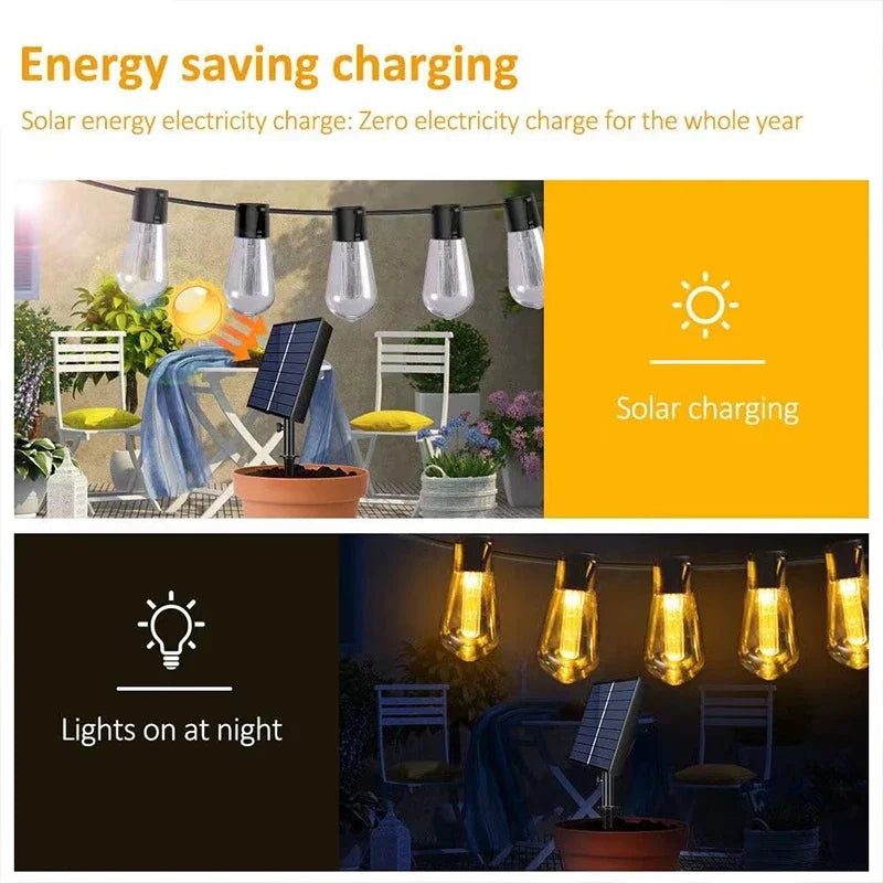 Guirnalda Solar LED Exterior Estilo Edison IP65 Resistente al Agua para Jardín y Fiestas