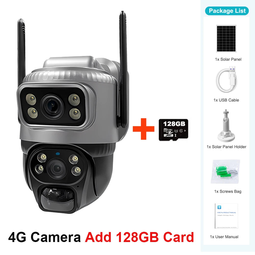 Cámara Solar V380 8MP 4K 4G/WiFi Doble Lente con Detección PIR y Visión Nocturna