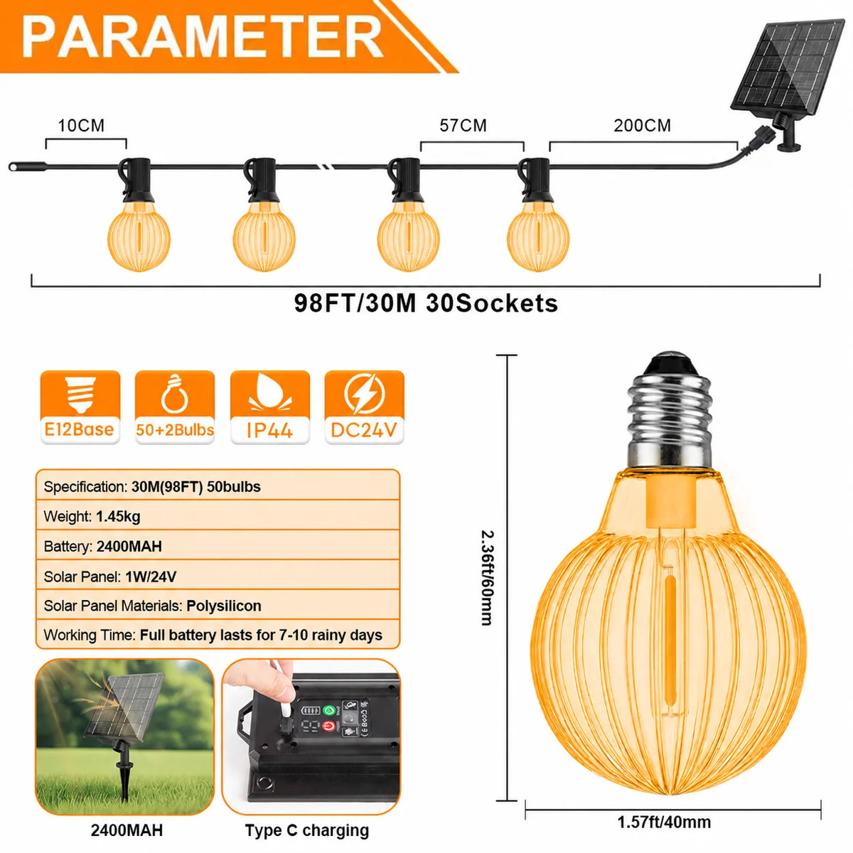 Guirnalda Solar G40 Calabaza Halloween LED para Jardín y Terraza