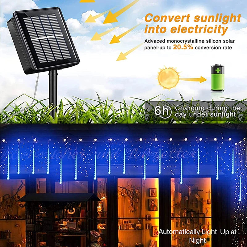 Luces Solares Lluvia de Meteoros 8 Tubos Resistente al Agua Decoración Navideña y Bodas