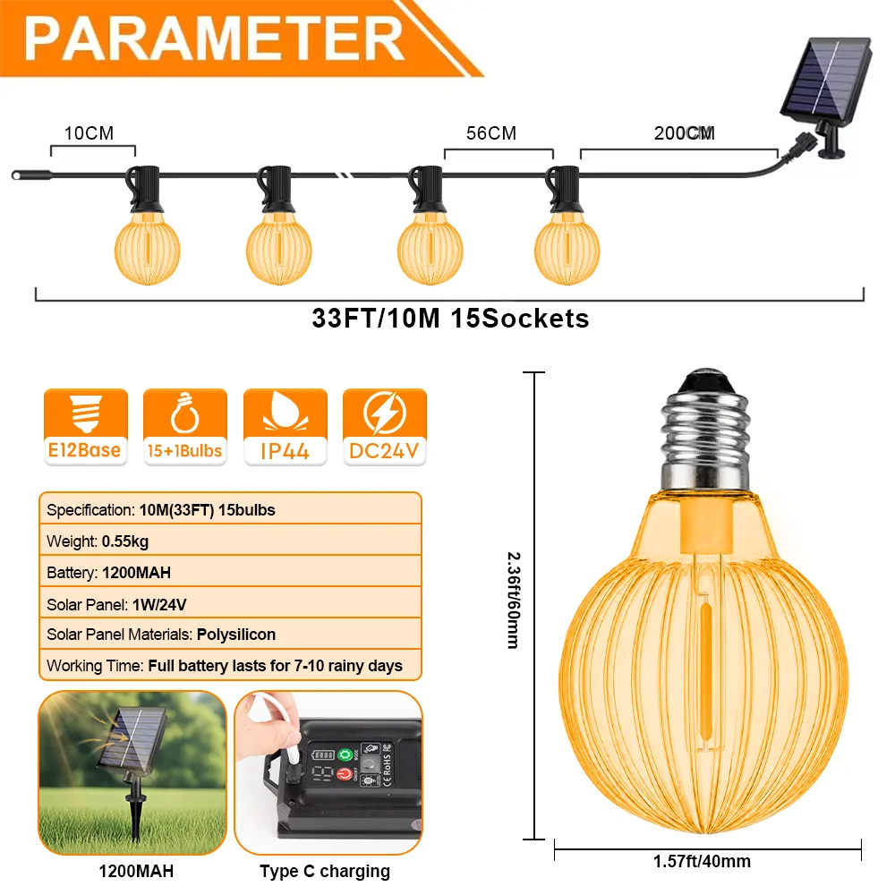 Guirnalda Solar G40 Calabaza Halloween LED para Jardín y Terraza