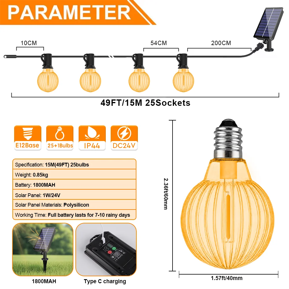 Guirnalda Solar G40 Calabaza Halloween LED para Jardín y Terraza