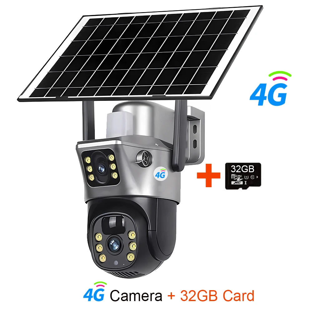 Cámara Solar 4G/WiFi Doble Lente 8MP 4K Batería de Bajo Consumo V380 Pro
